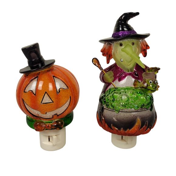 Vintage Halloween Night Light Set Witch Cauldron & Jack-O-Lantern Sparkle EUC - Picture 1 of 15